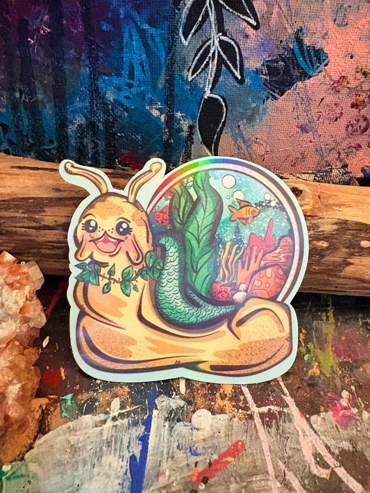 Handmade Whimsical Mermaid Snail Sticker: Hand-Drawn Holographic Snail Stickers
