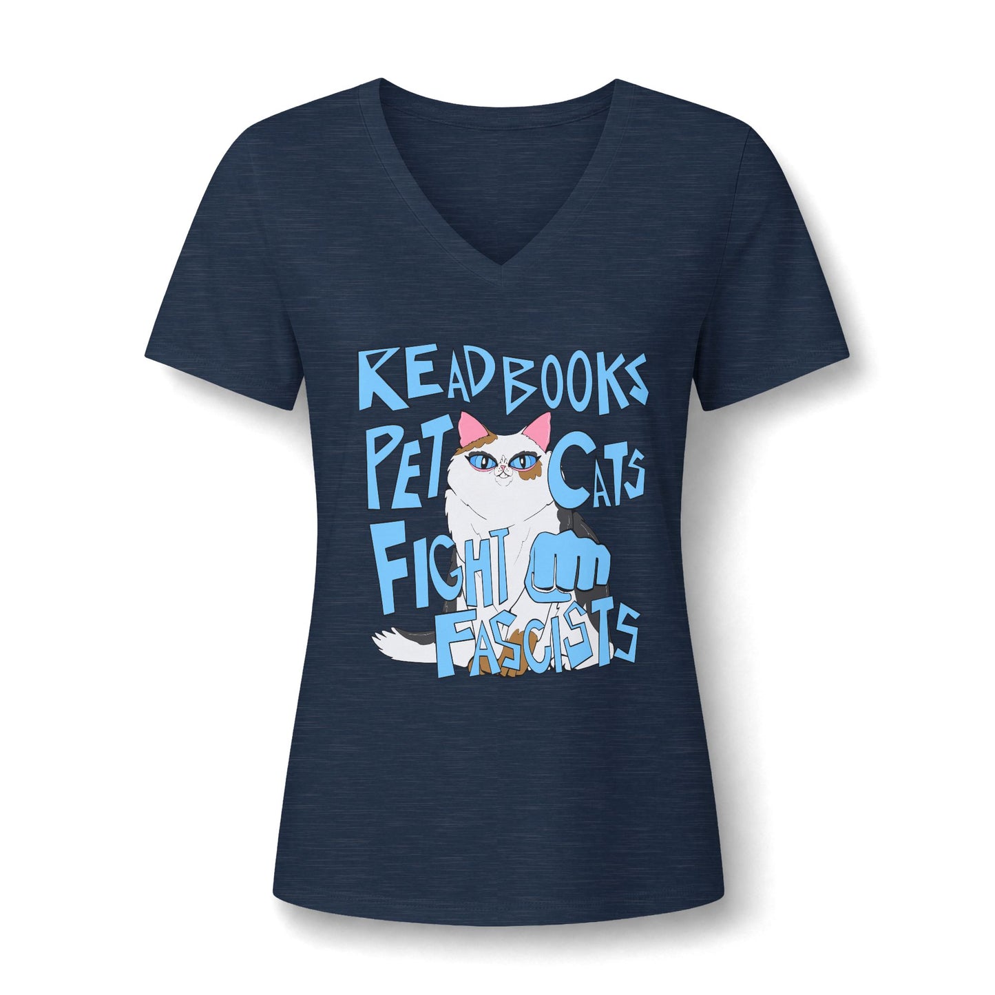 Read Books Pet Cats Fight Fascists Cat - Women's Relaxed Heather V-Neck Tee