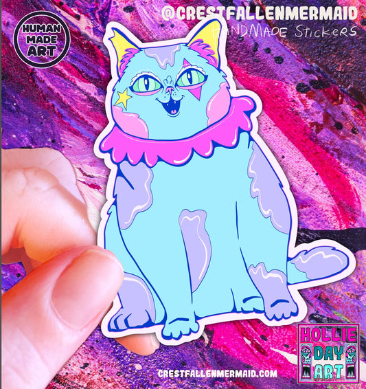 Hand Drawn Blue Cat Clown Sticker – Whimsical Animal Art, Holographic Laminate