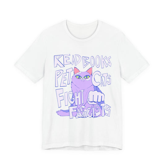Read Books Pet Cats Fight Fascists Purple Cat Tee Unisex Jersey Short Sleeve Tee