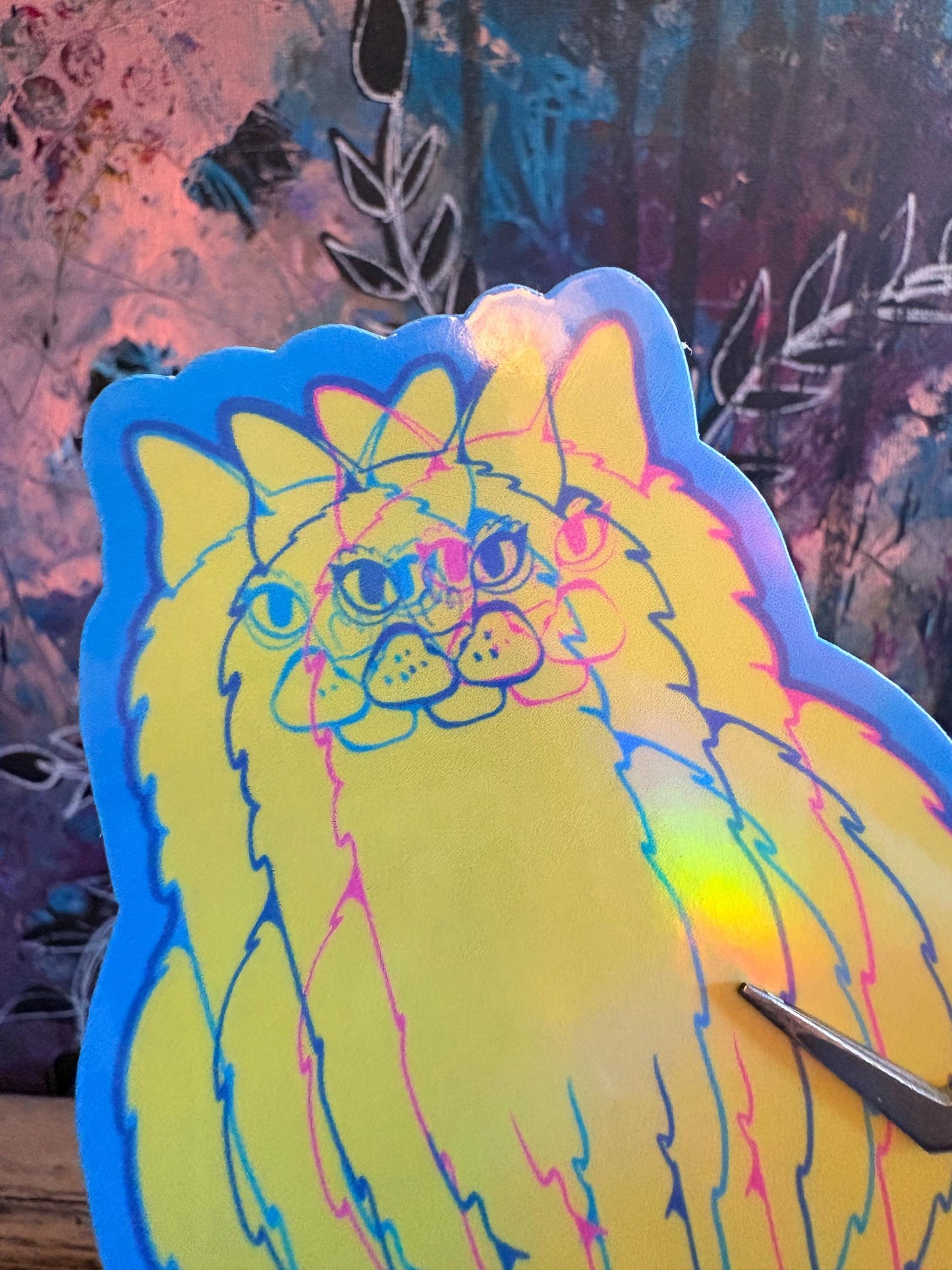 Hand Drawn Yellow Glitch Cat Sticker - Handmade Cat Sticker: Animal Art