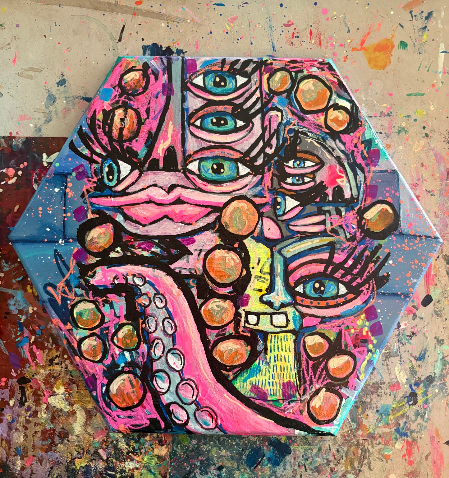 Tentacles Tighten Their Grip On Me - Original 8” Hexagon Acrylic Painting by Hollie Day