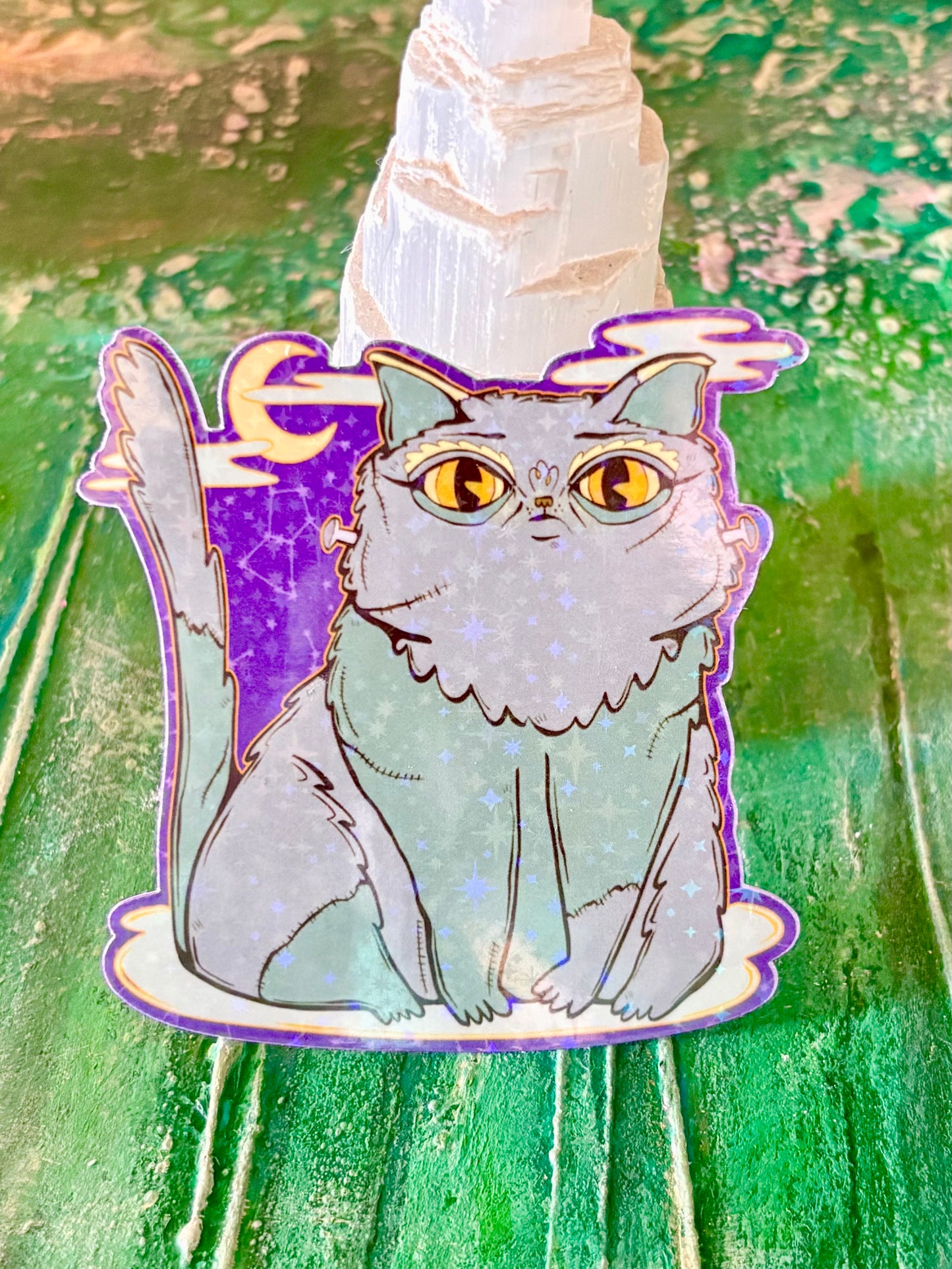 Frankenfloof Cat Sticker (sparkly)