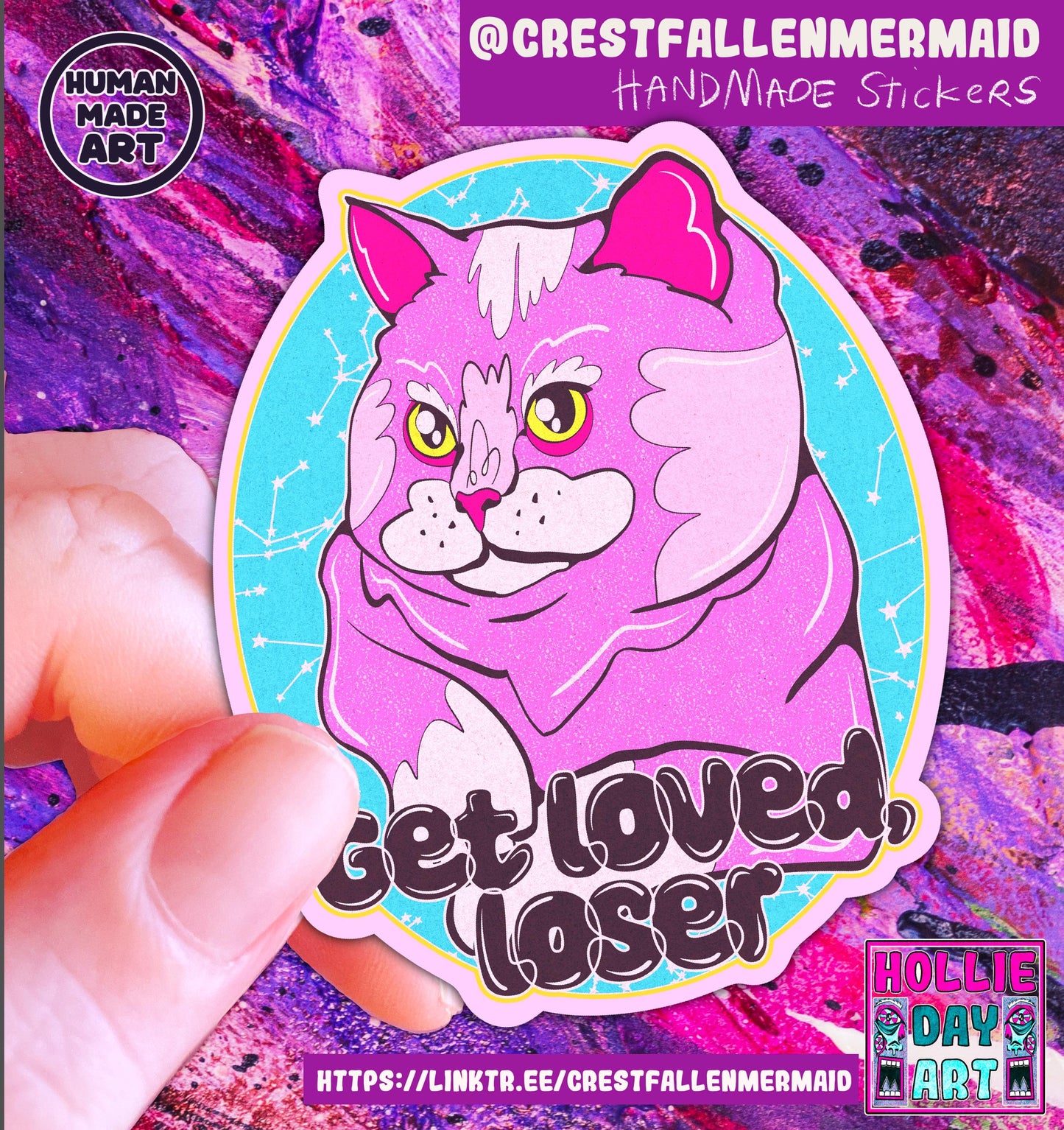 Hand Drawn Sparkly Cat Sticker: Handmade Holographic Get Loved, Loser Cat Decal