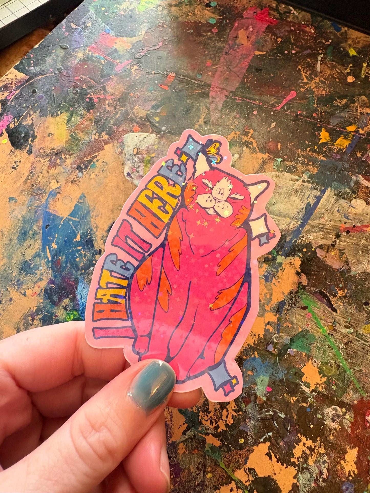 Hand Drawn Cat Sticker – Holographic Laminate, Water Resistant Vinyl Art
