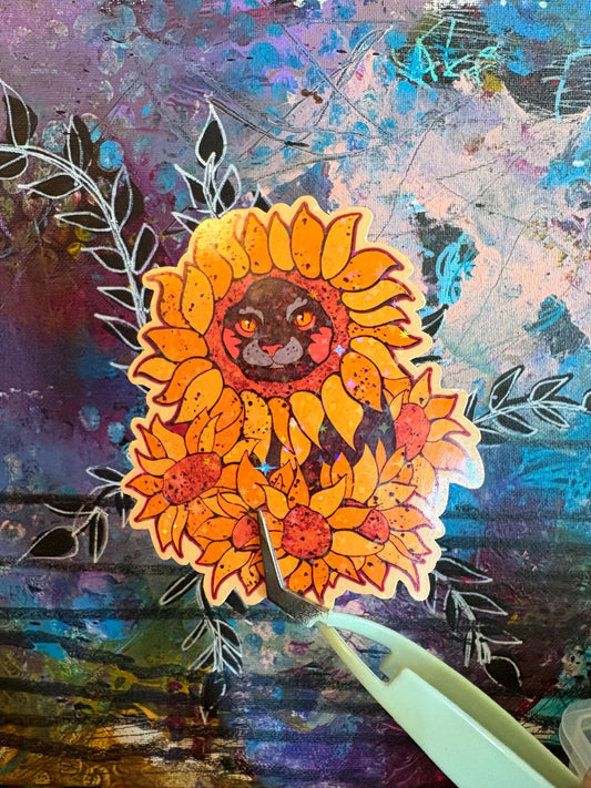 Handmade Sparkly Sunflower Cat Sticker: Hand Drawn Flower Cat Vinyl Decal