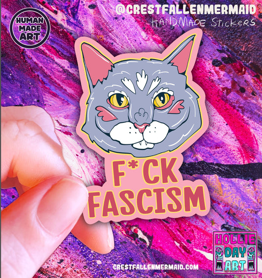 Hand Drawn Grey Cat Sticker - Handmade F*ck Fascism Cat Sticker: Animal Art