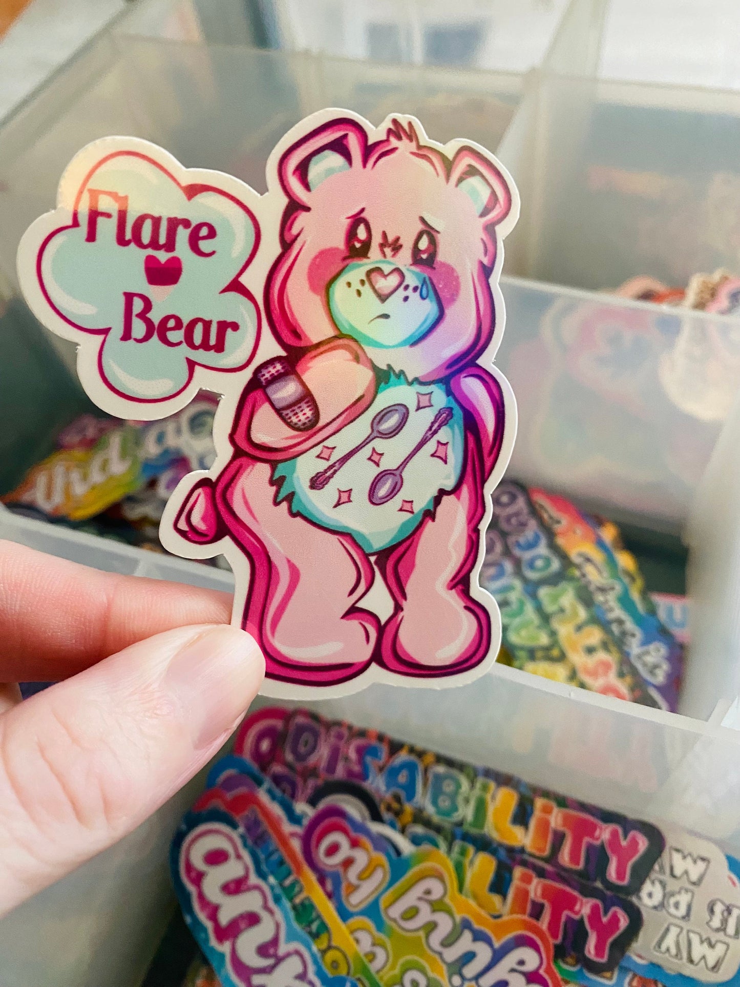 Hand Drawn Flare Bear Sticker: Pink Holographic Sticker