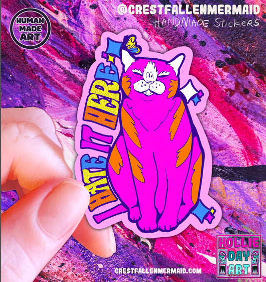 Hand Drawn Cat Sticker – Holographic Laminate, Water Resistant Vinyl Art