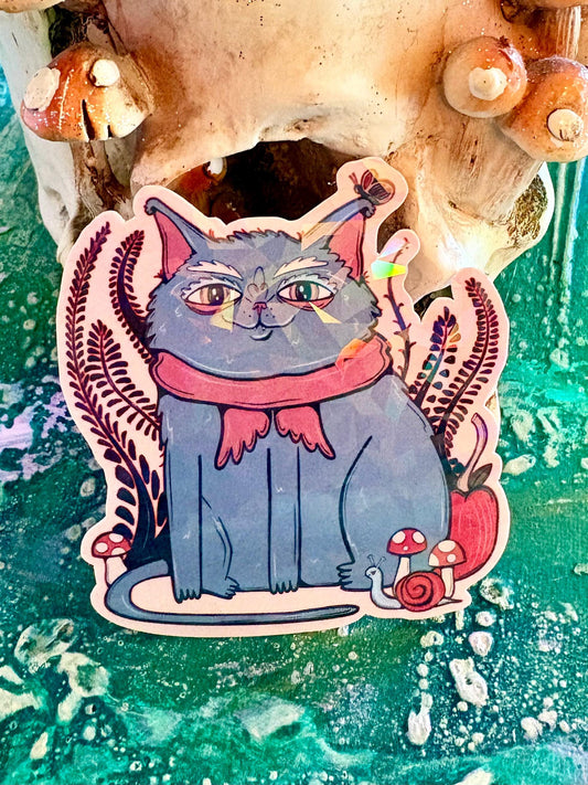 Hand Drawn Grey Cat Sticker – Whimsical Autumn Animal Art, Holographic Laminate