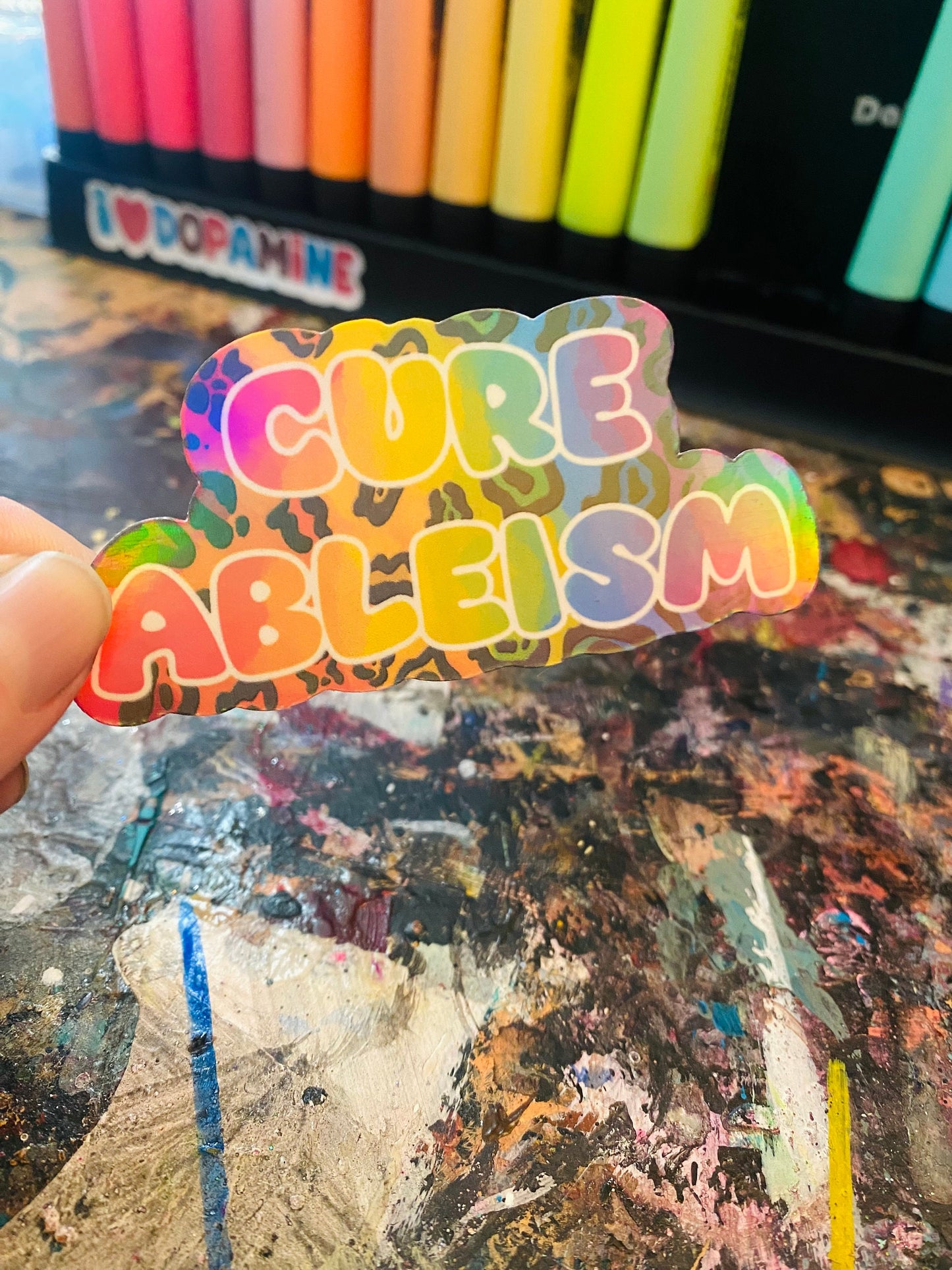 Cure Ableism Sticker: Rainbow Leopard Print, Neurodiversity Inclusion
