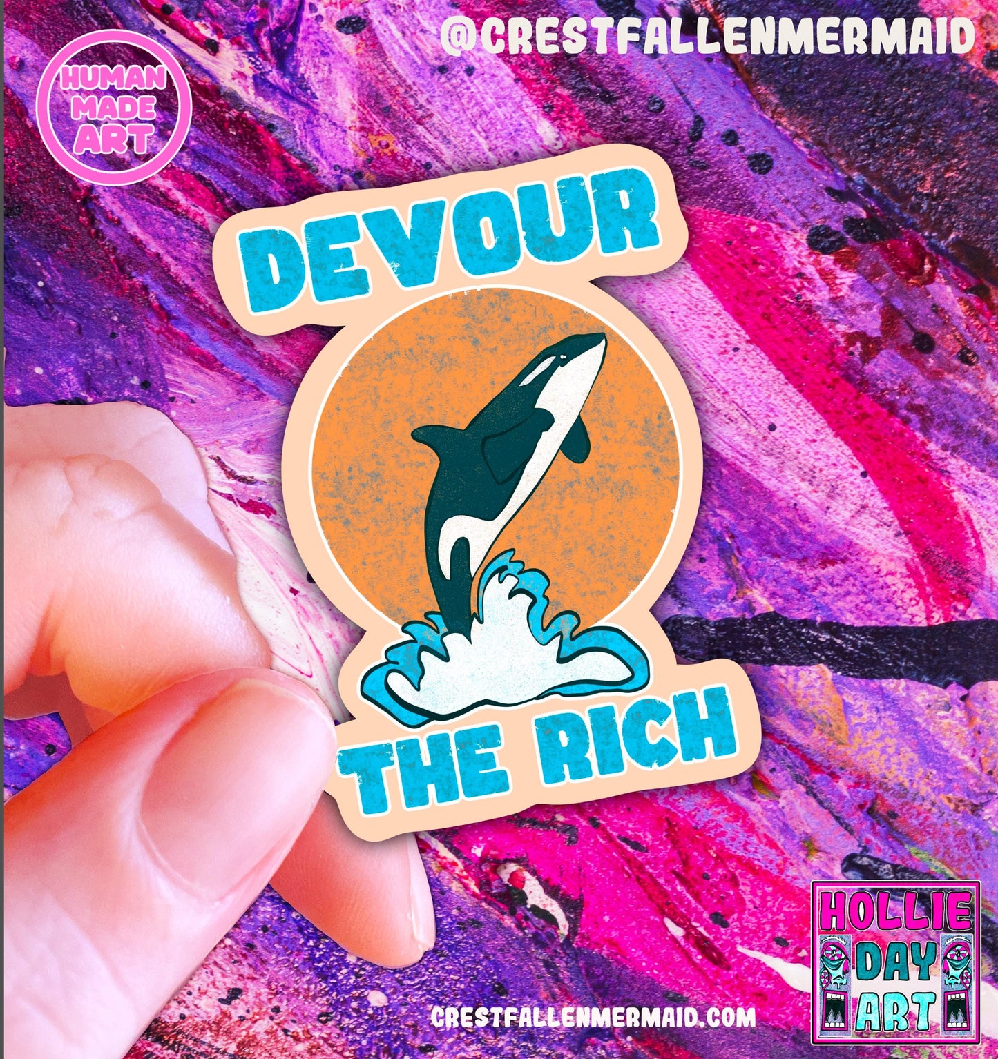 Hand Drawn Orca Sticker: Devour The Rich Holographic Art (Handmade & Water Resistant)