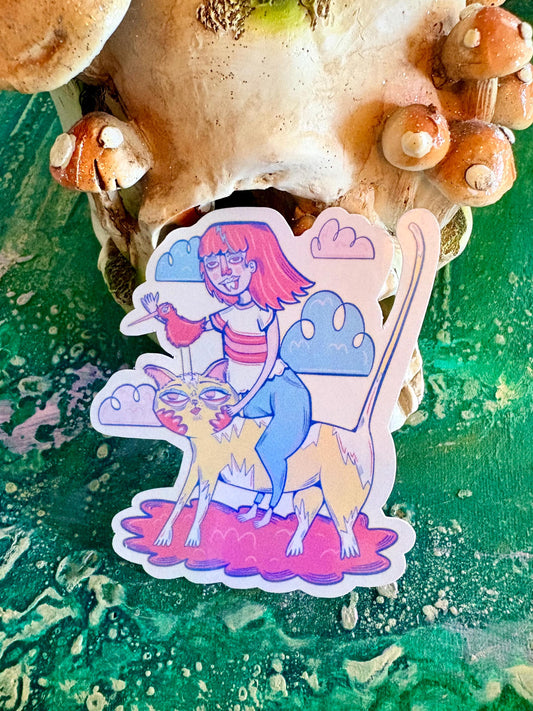 Hand Drawn Whimsical Cat Kiwi Sticker – Handmade Animal Art Decal
