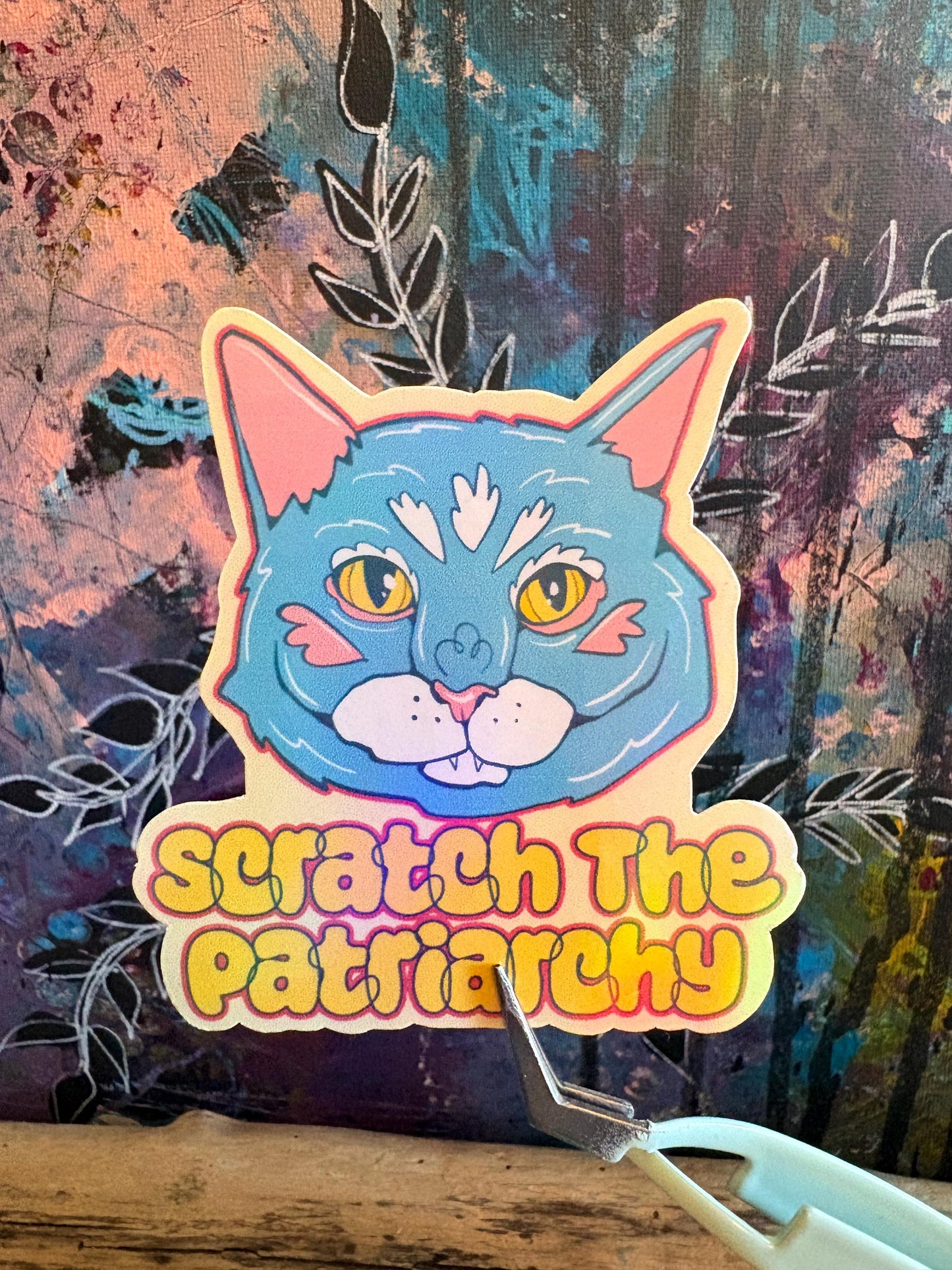 Hand Drawn Grey Cat Sticker - Scratch the Patriarchy Cat Sticker