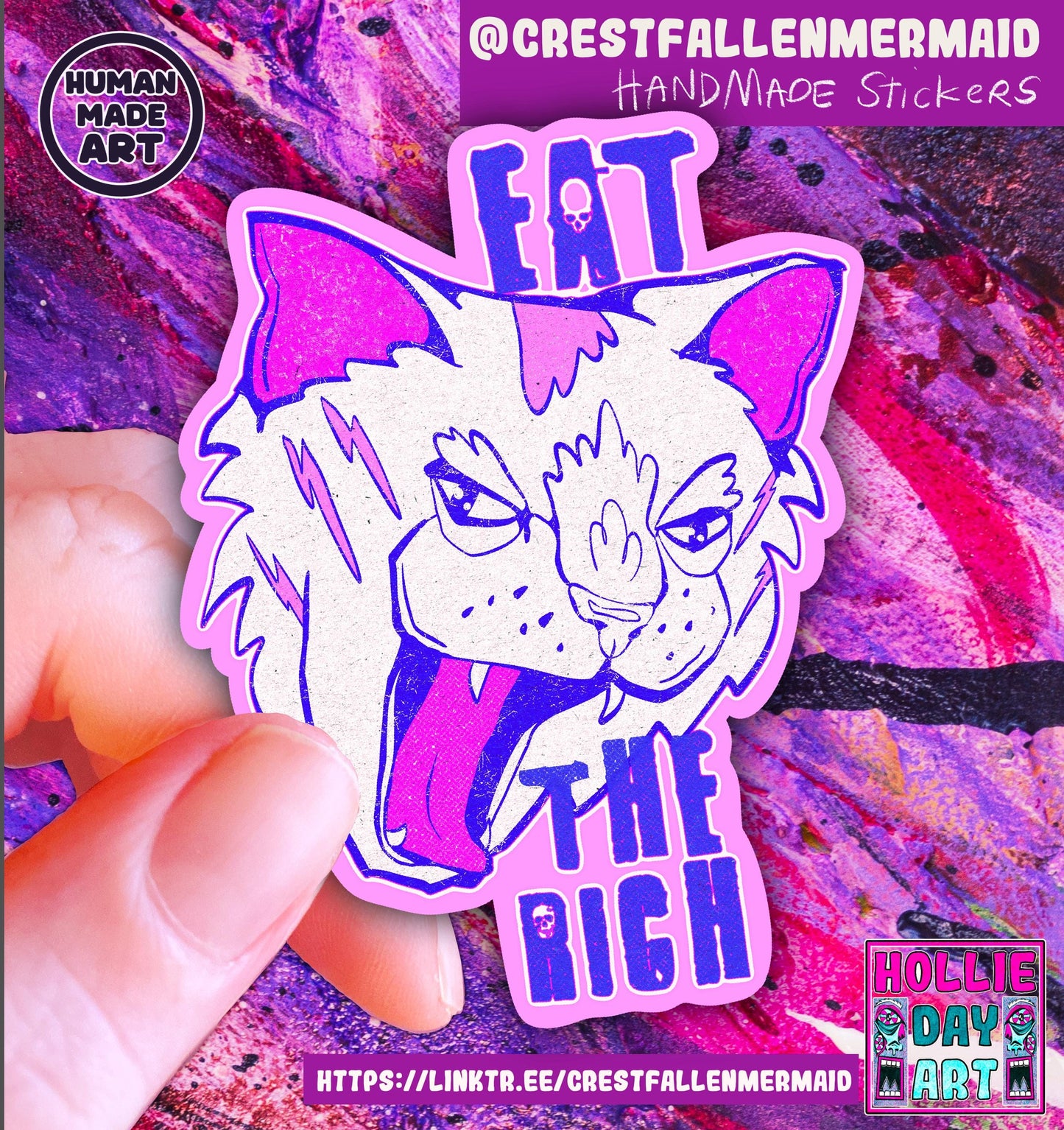 Holographic Pink Cat Sticker: Holographic Political Eat the Rich Laptop Decal (Water Resistant)