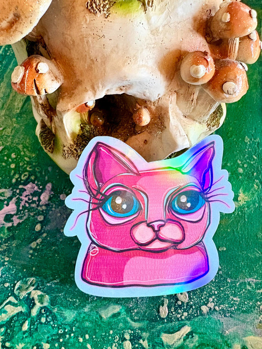 Hand Drawn Sketchy Pink Cat  Sticker - Handmade Cat Sticker: Animal Art