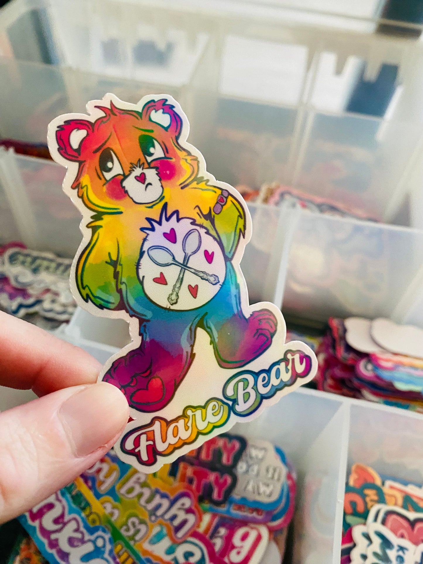 Rainbow Flare Bear Sticker | Holographic Vinyl, Spoonie Awareness