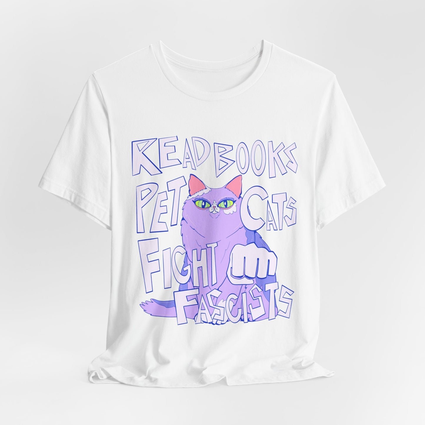 Read Books Pet Cats Fight Fascists Purple Cat Tee Unisex Jersey Short Sleeve Tee