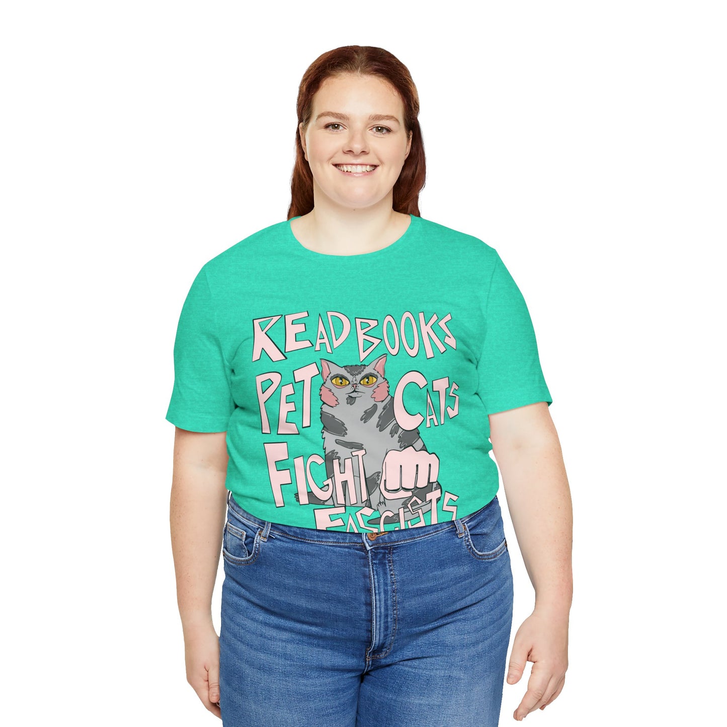 Read Books Pet Cats Fight Fascists- Grey Tabby Cat Unisex Jersey Short Sleeve Tee