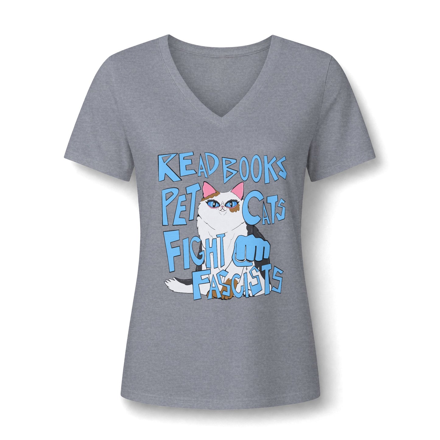 Read Books Pet Cats Fight Fascists Cat - Women's Relaxed Heather V-Neck Tee