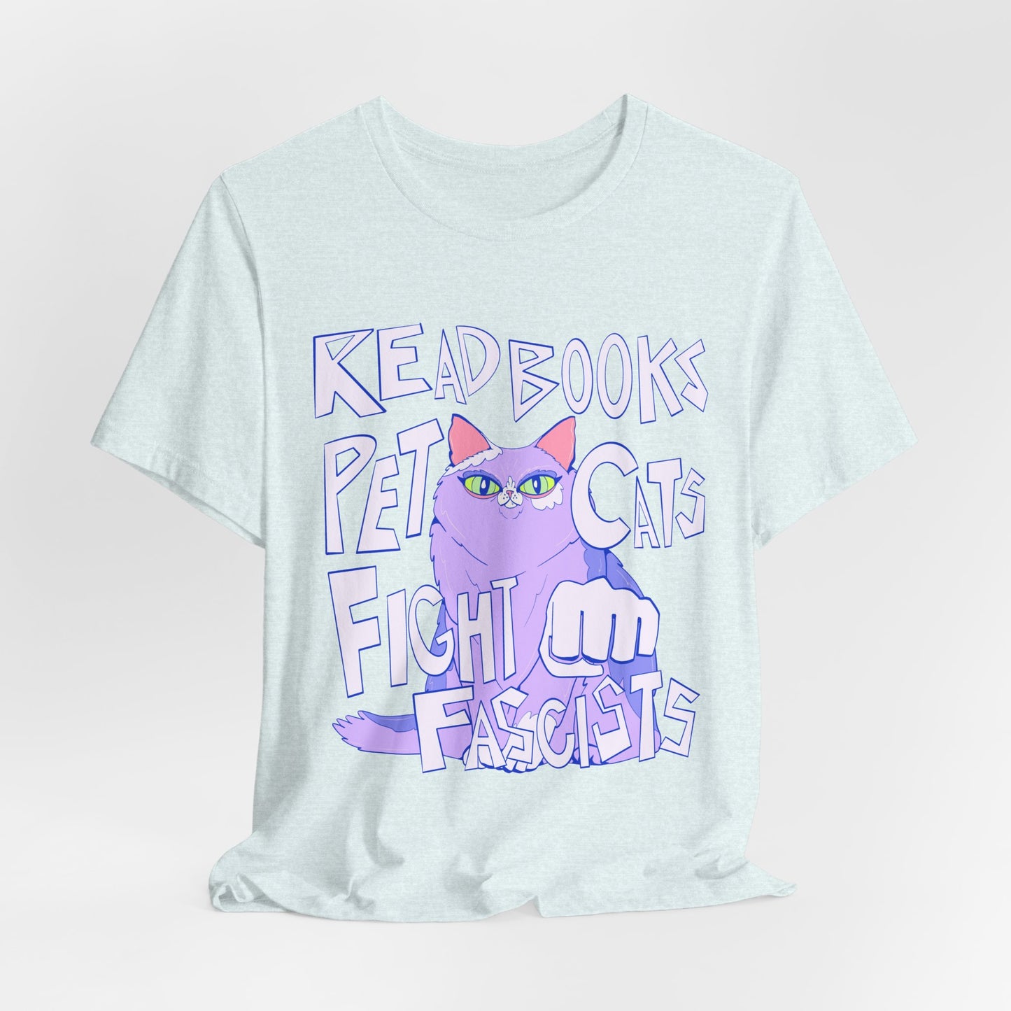 Read Books Pet Cats Fight Fascists Purple Cat Tee Unisex Jersey Short Sleeve Tee