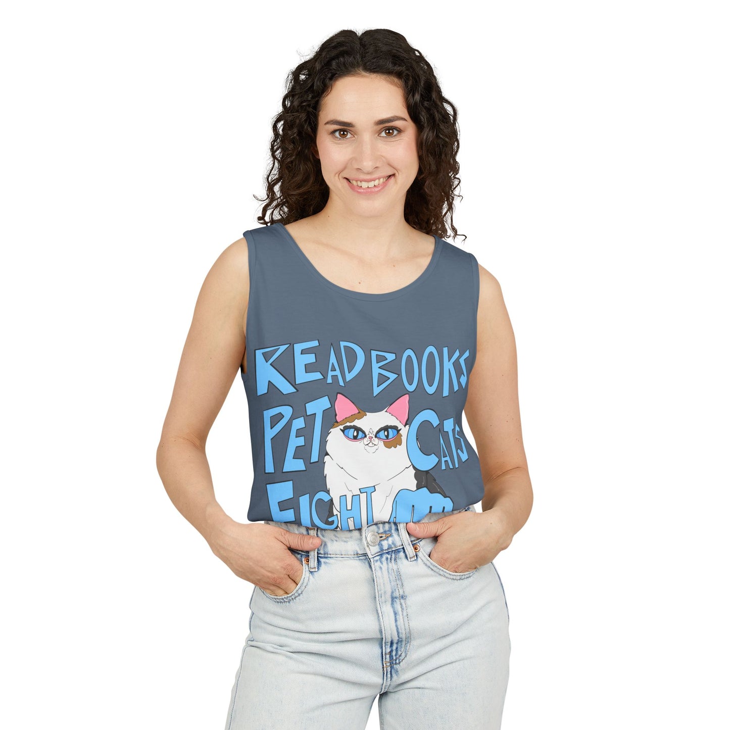 Read Books Pet Cats Fight Fascists Cat Art - Unisex Garment-Dyed Tank Top
