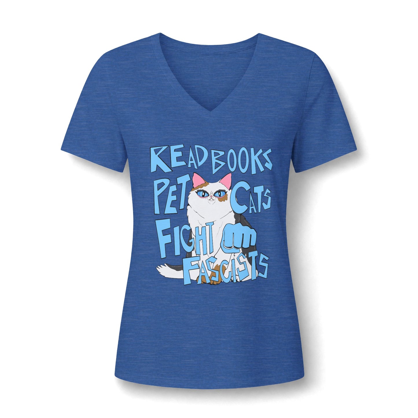 Read Books Pet Cats Fight Fascists Cat - Women's Relaxed Heather V-Neck Tee