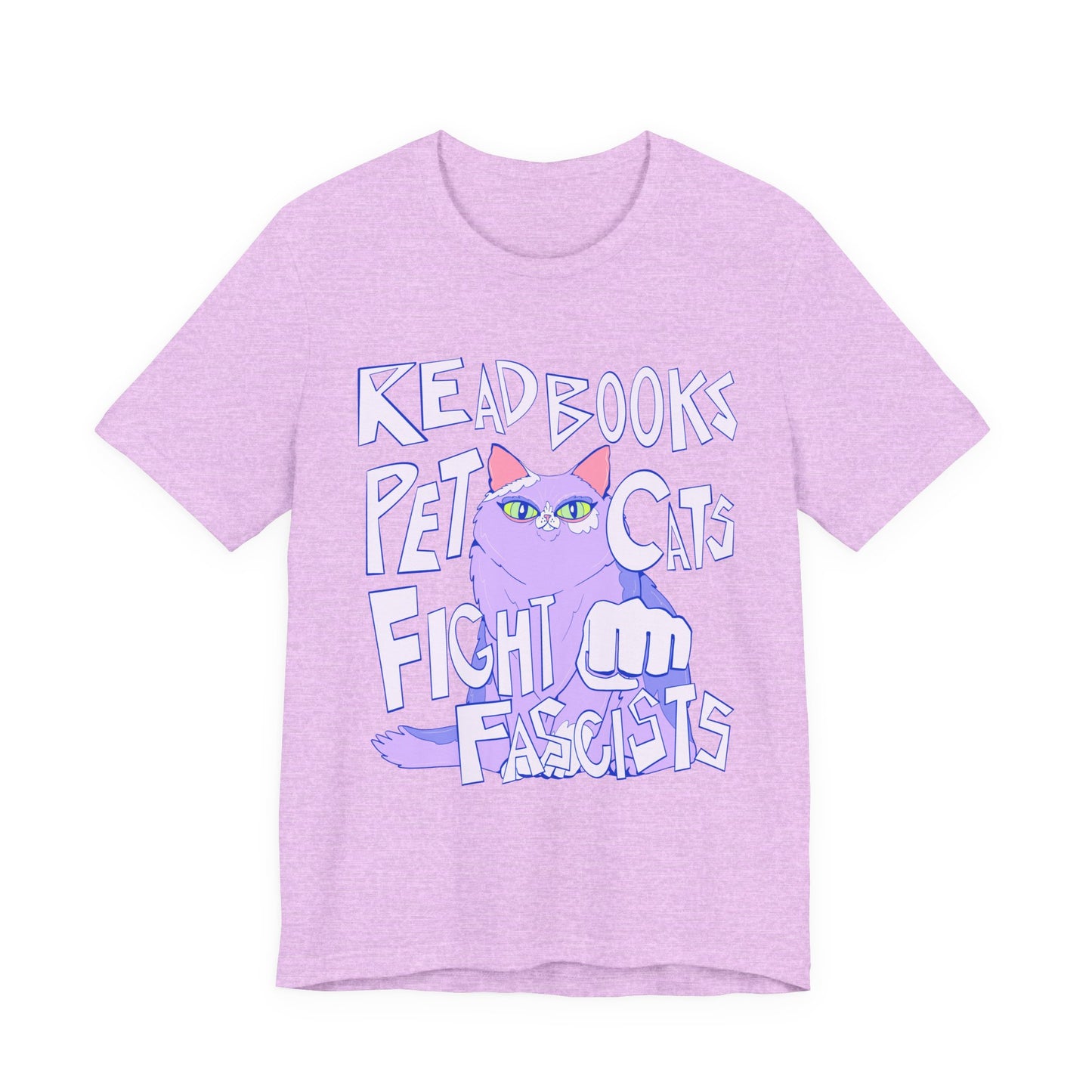 Read Books Pet Cats Fight Fascists Purple Cat Tee Unisex Jersey Short Sleeve Tee