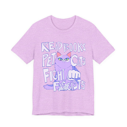 Read Books Pet Cats Fight Fascists Purple Cat Tee Unisex Jersey Short Sleeve Tee