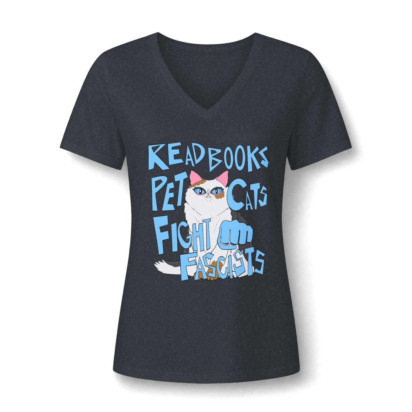 Read Books Pet Cats Fight Fascists Cat - Women's Relaxed Heather V-Neck Tee