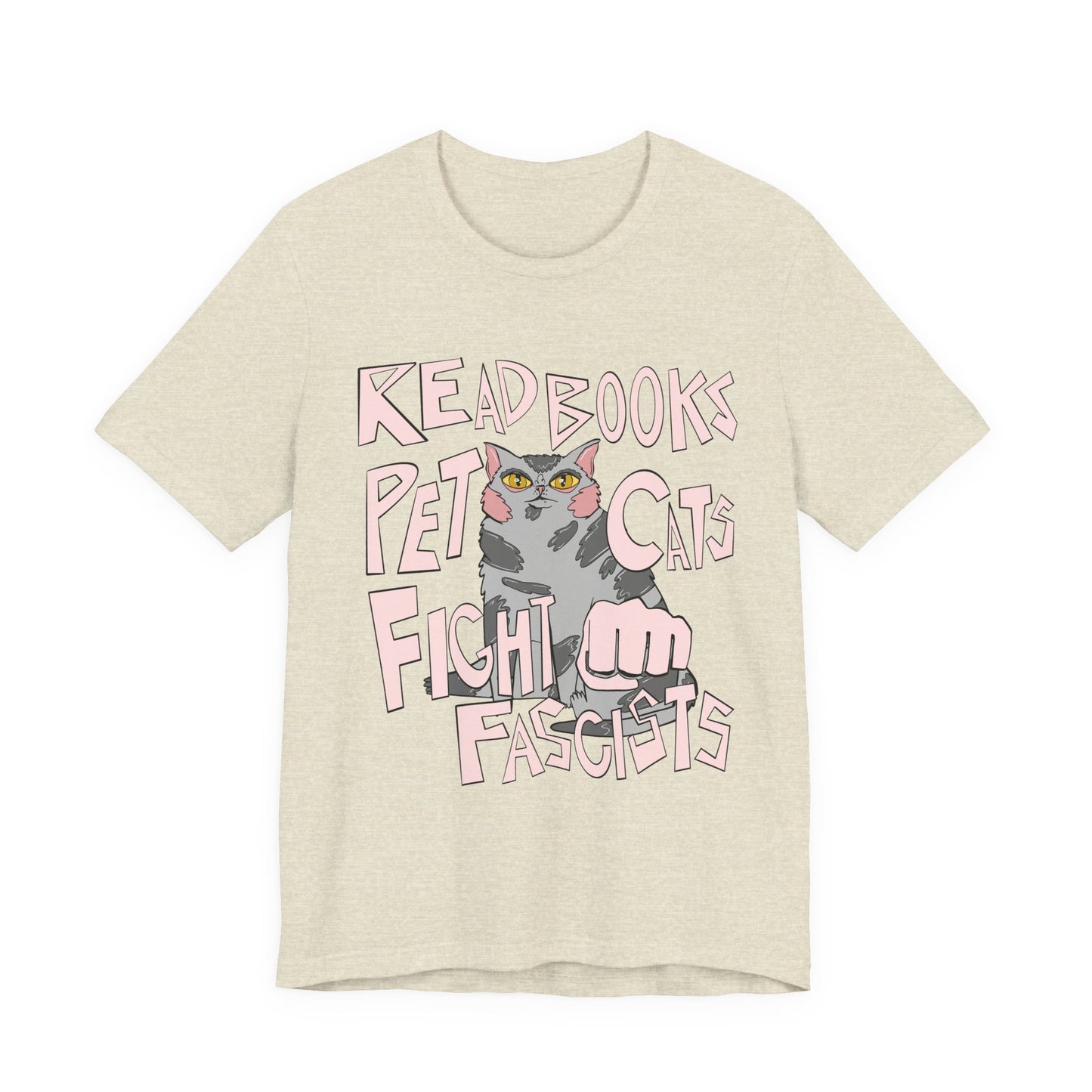 Read Books Pet Cats Fight Fascists- Grey Tabby Cat Unisex Jersey Short Sleeve Tee