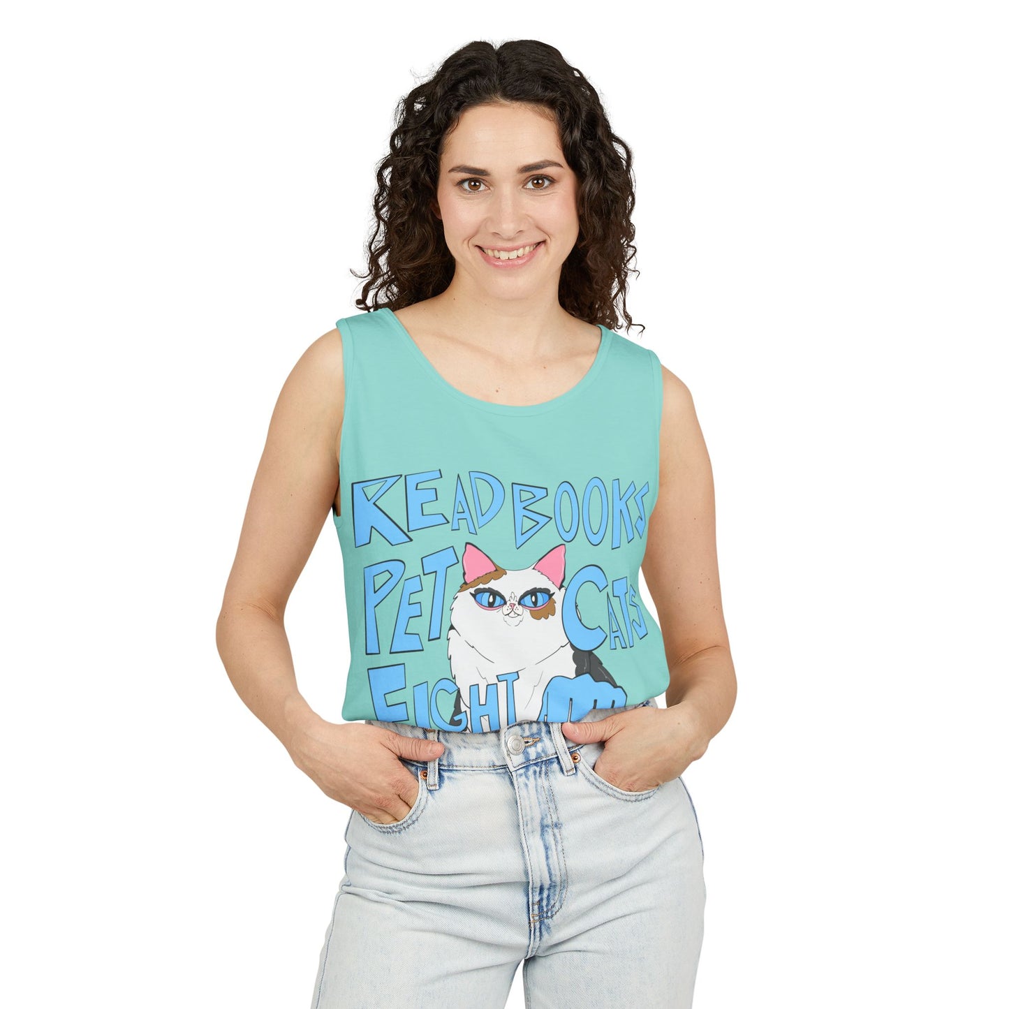 Read Books Pet Cats Fight Fascists Cat Art - Unisex Garment-Dyed Tank Top