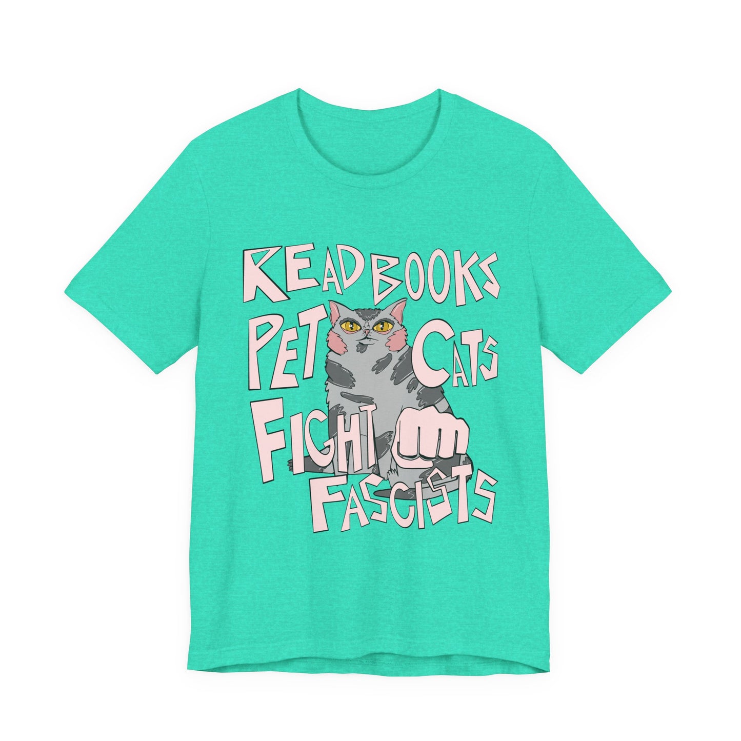 Read Books Pet Cats Fight Fascists- Grey Tabby Cat Unisex Jersey Short Sleeve Tee