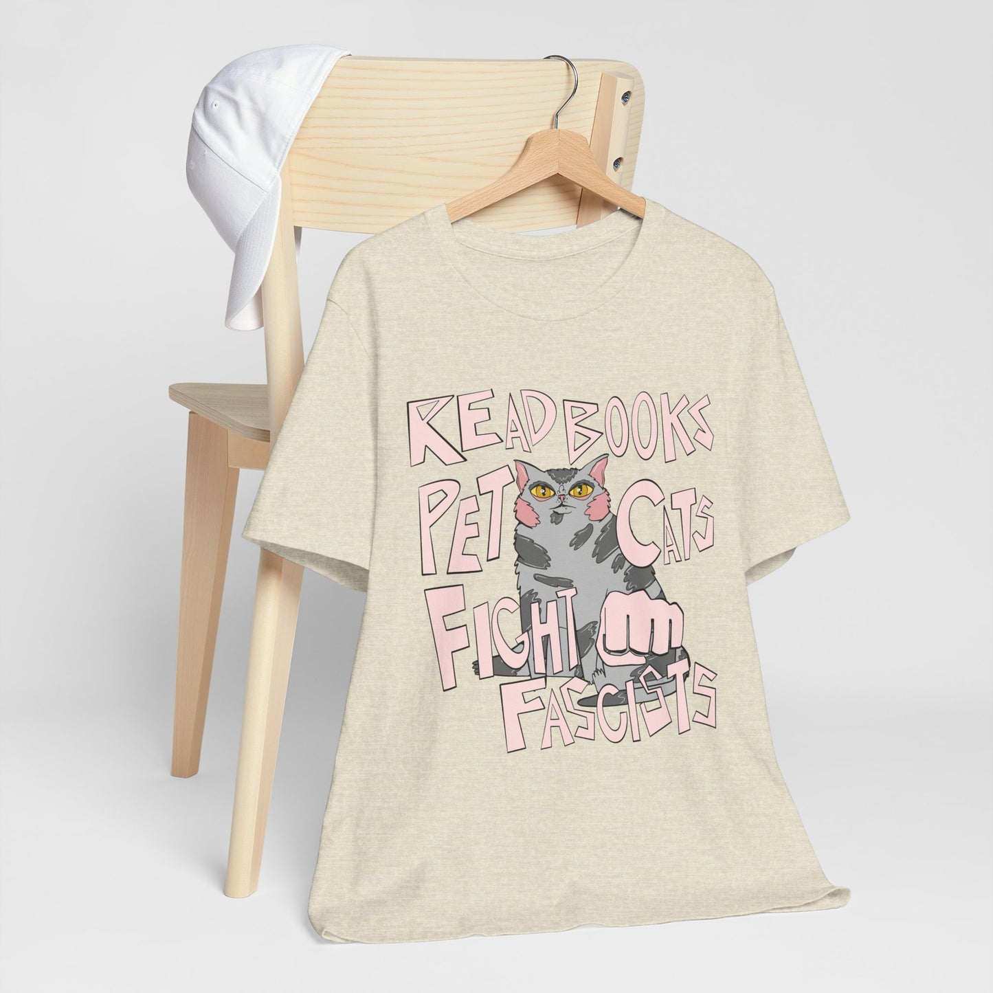 Read Books Pet Cats Fight Fascists- Grey Tabby Cat Unisex Jersey Short Sleeve Tee