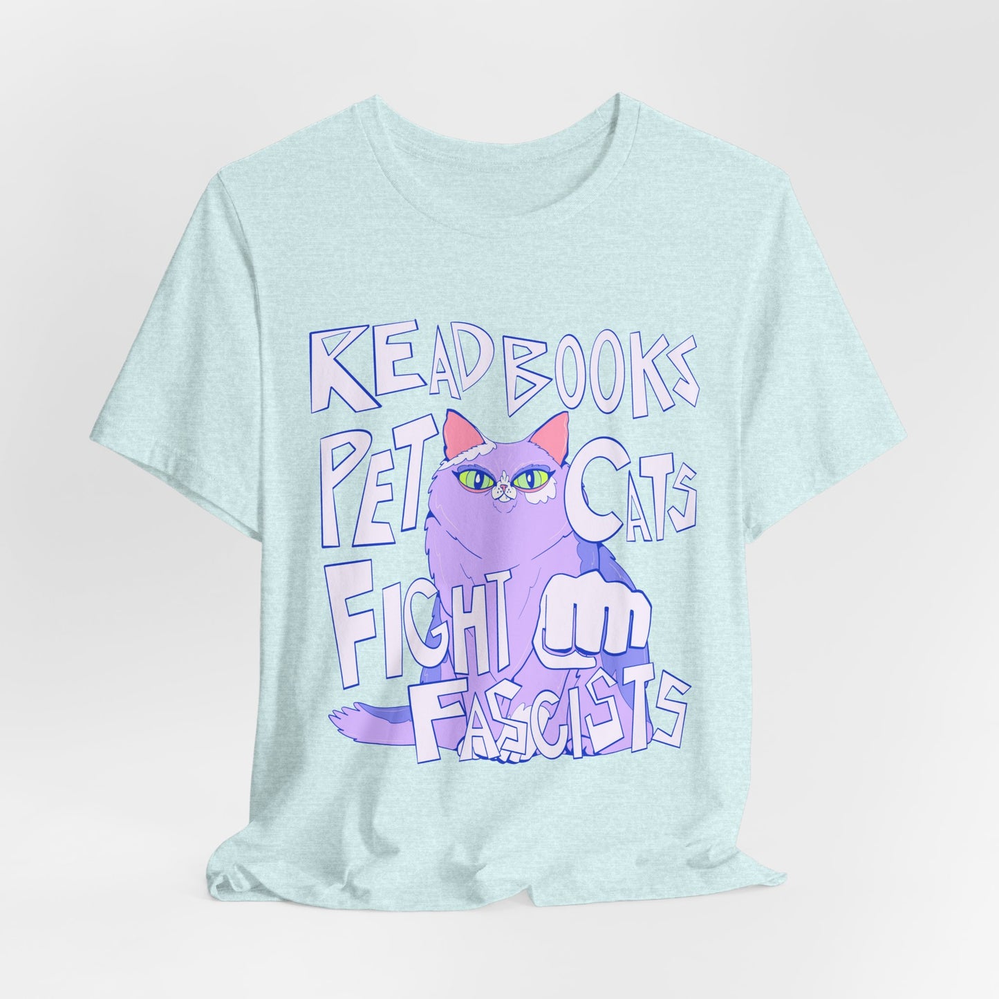 Read Books Pet Cats Fight Fascists Purple Cat Tee Unisex Jersey Short Sleeve Tee