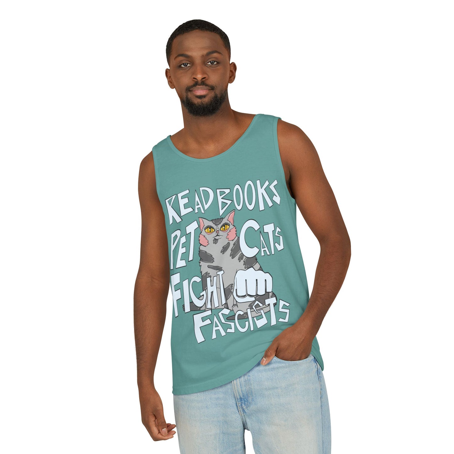 Read Books Pet Cats Fight Fascists Cat Art 2 -Unisex Garment-Dyed Tank Top