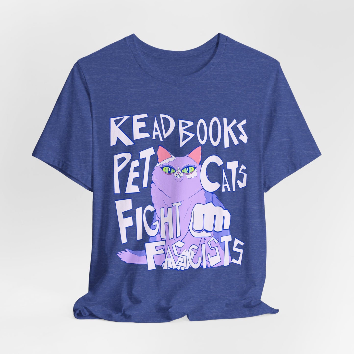 Read Books Pet Cats Fight Fascists Purple Cat Tee Unisex Jersey Short Sleeve Tee