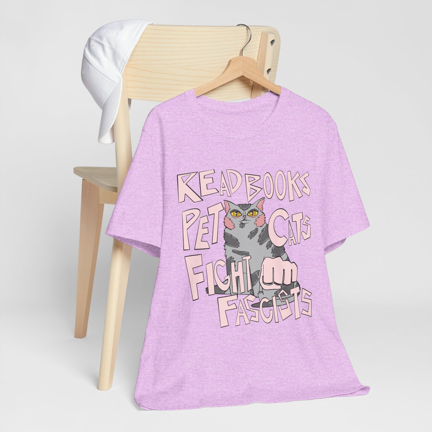 Read Books Pet Cats Fight Fascists- Grey Tabby Cat Unisex Jersey Short Sleeve Tee