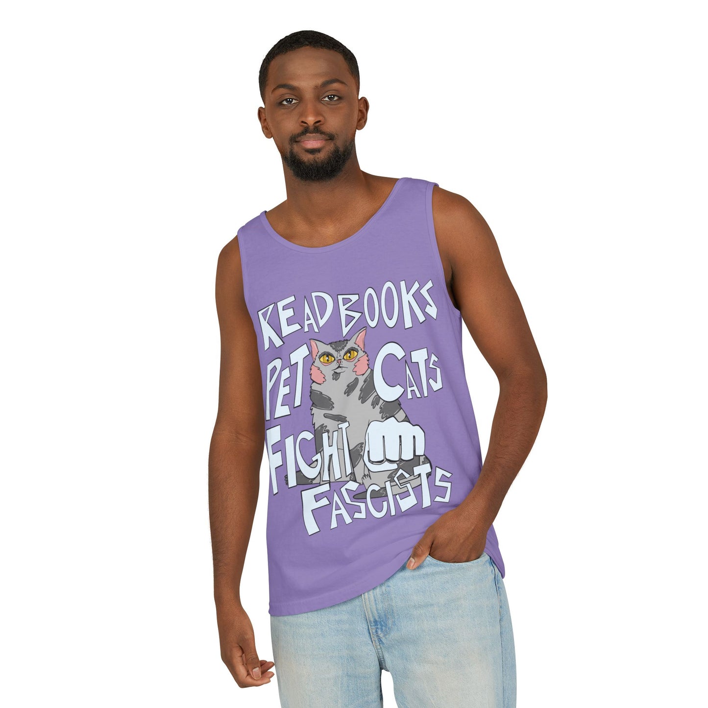 Read Books Pet Cats Fight Fascists Cat Art 2 -Unisex Garment-Dyed Tank Top
