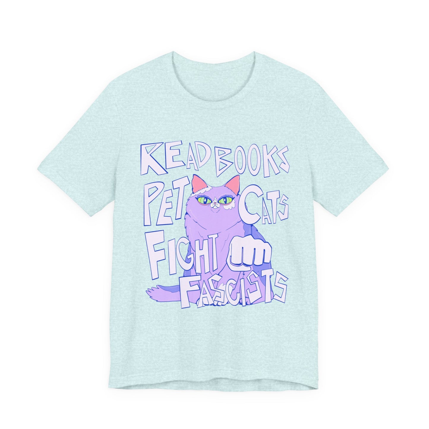 Read Books Pet Cats Fight Fascists Purple Cat Tee Unisex Jersey Short Sleeve Tee