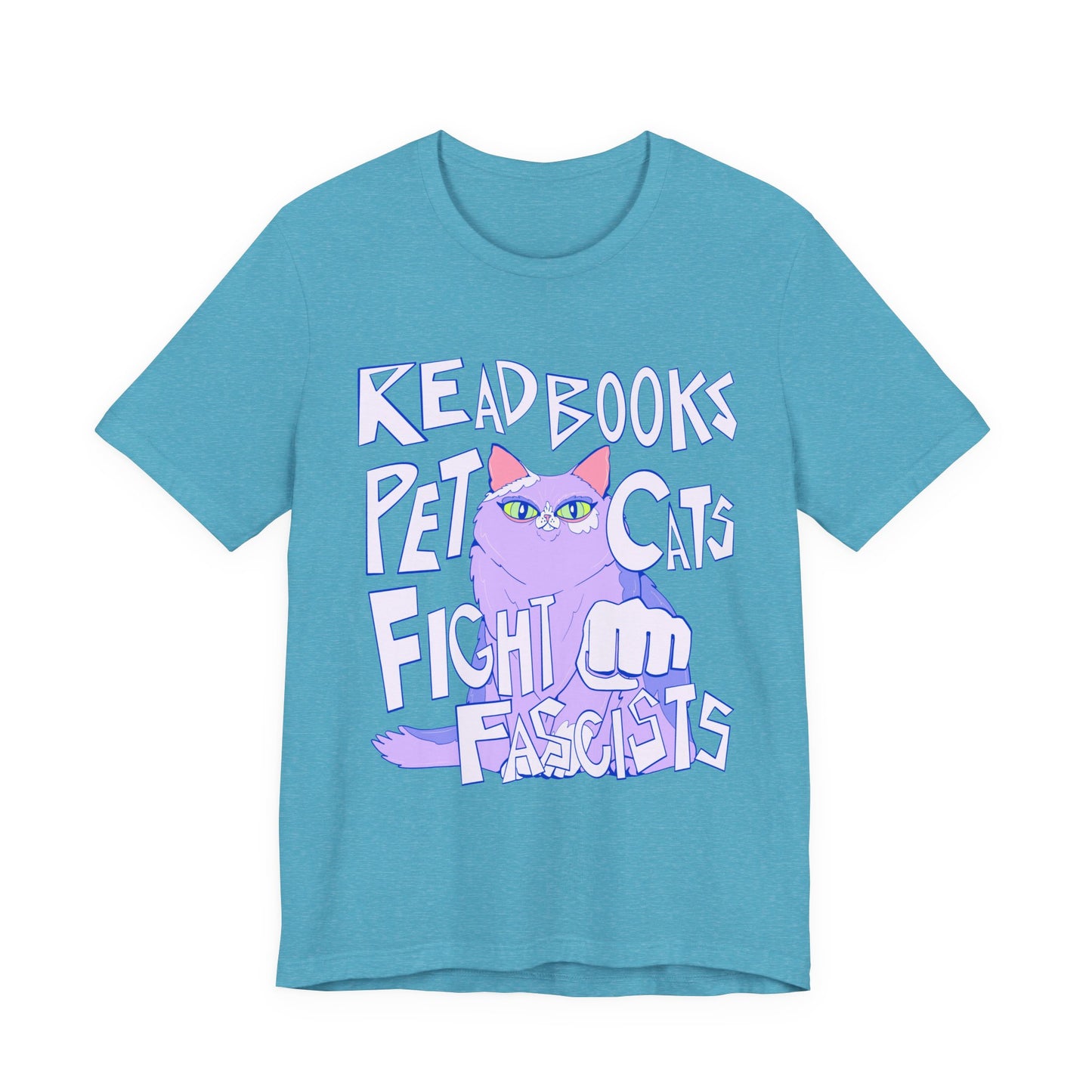 Read Books Pet Cats Fight Fascists Purple Cat Tee Unisex Jersey Short Sleeve Tee