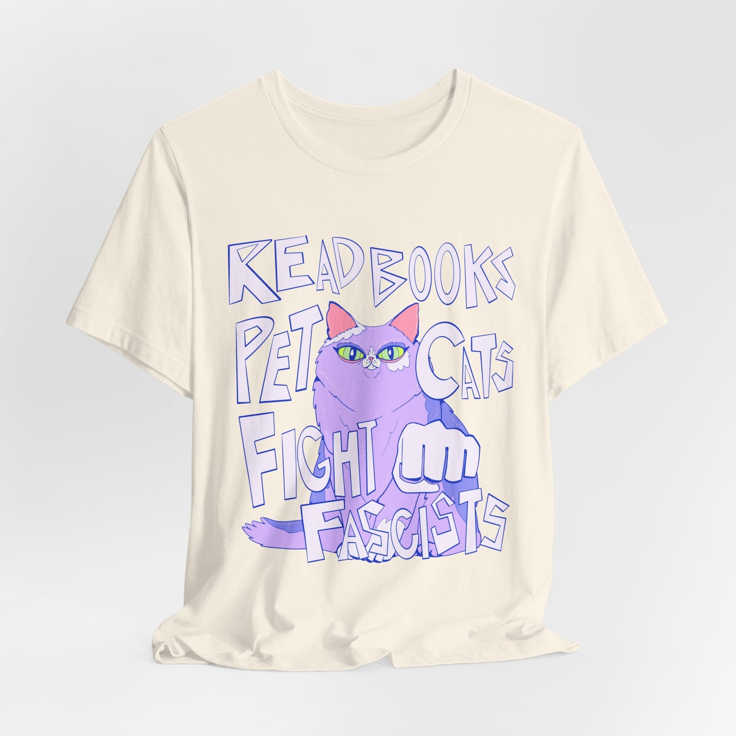 Read Books Pet Cats Fight Fascists Purple Cat Tee Unisex Jersey Short Sleeve Tee