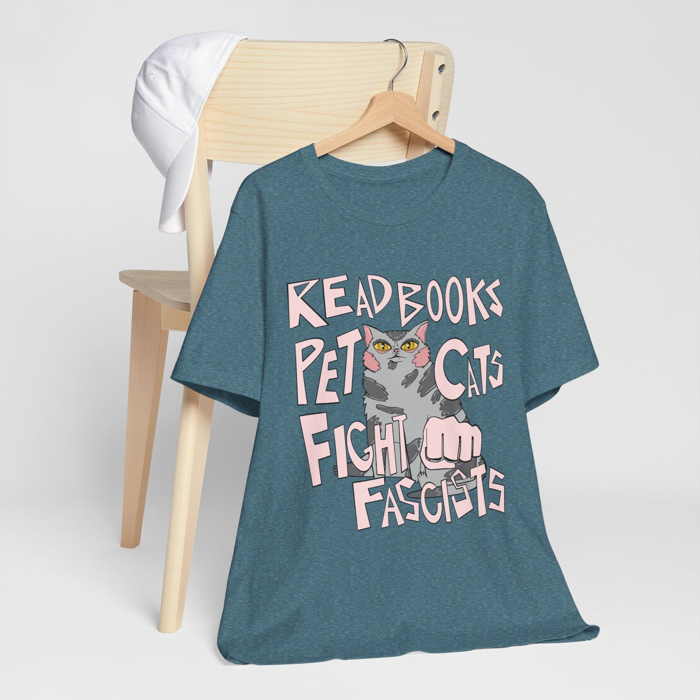 Read Books Pet Cats Fight Fascists- Grey Tabby Cat Unisex Jersey Short Sleeve Tee