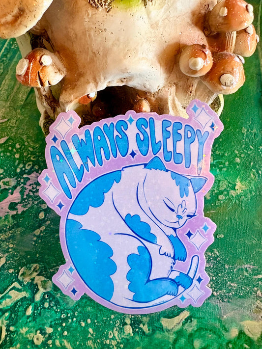 Handmade Sparkly Whimsical Always Sleepy Cat Sticker: Hand Drawn Cat Decal