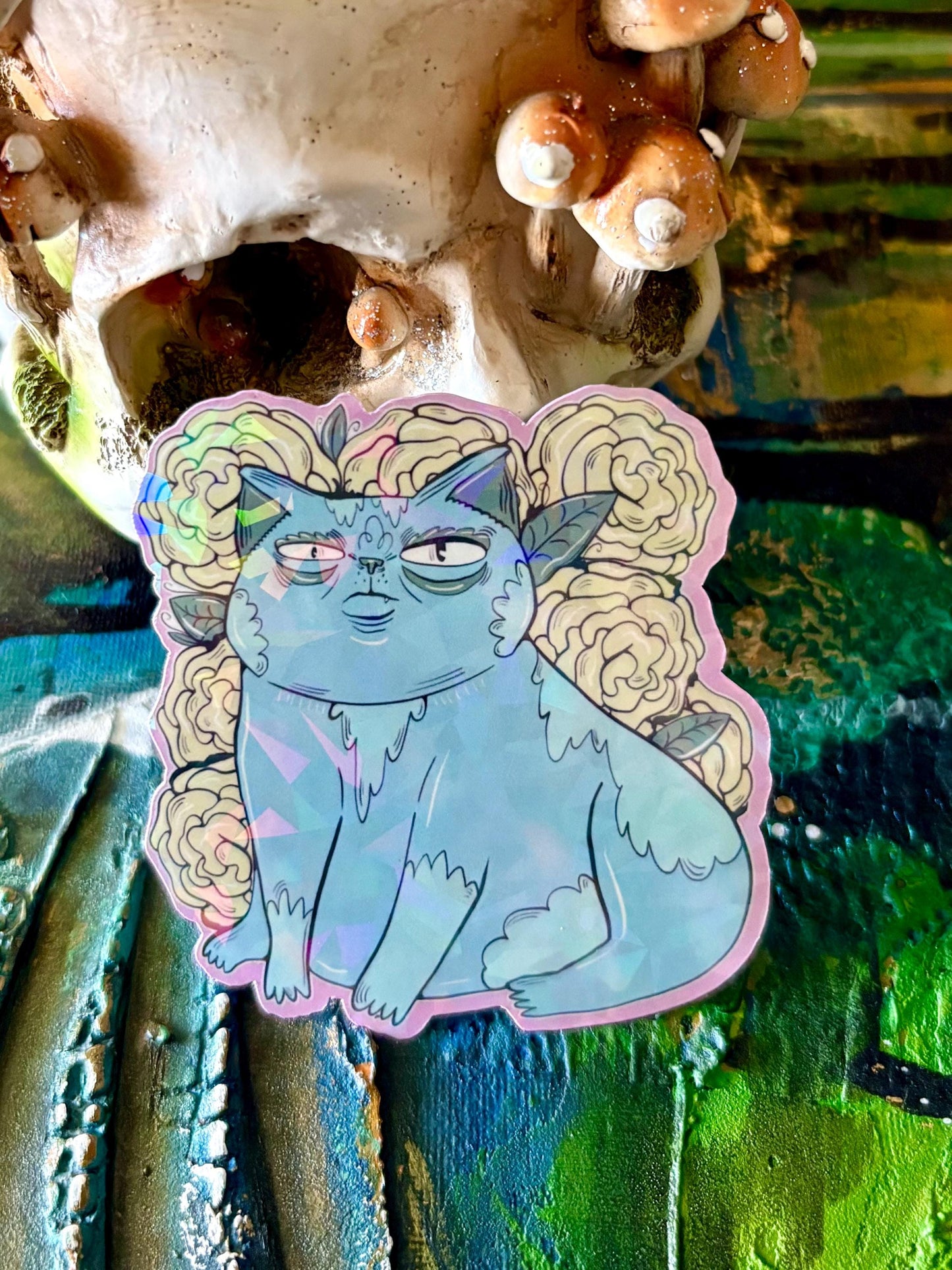 Handmade Holographic Cat Sticker: Hand Drawn Floral Cat Decal