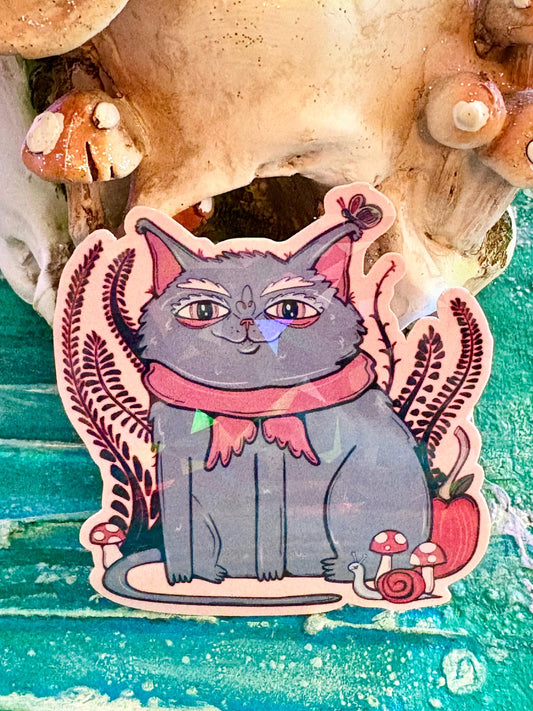 Hand Drawn Grey Cat Sticker – Whimsical Autumn Animal Art, Holographic Laminate