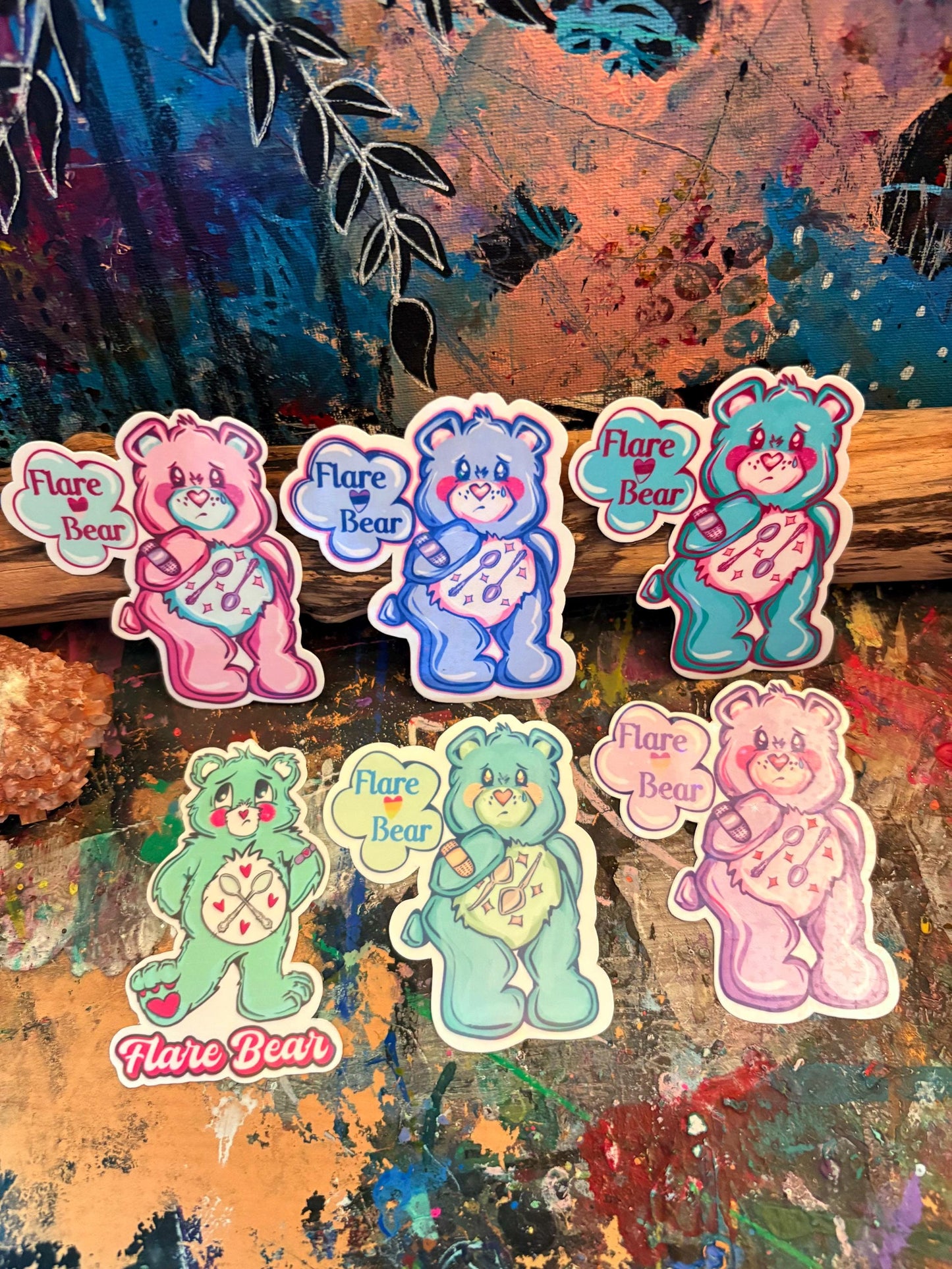 Hand Drawn Flare Bear Sticker Set: Holographic Chronic Illness Stickers - handmade stickers