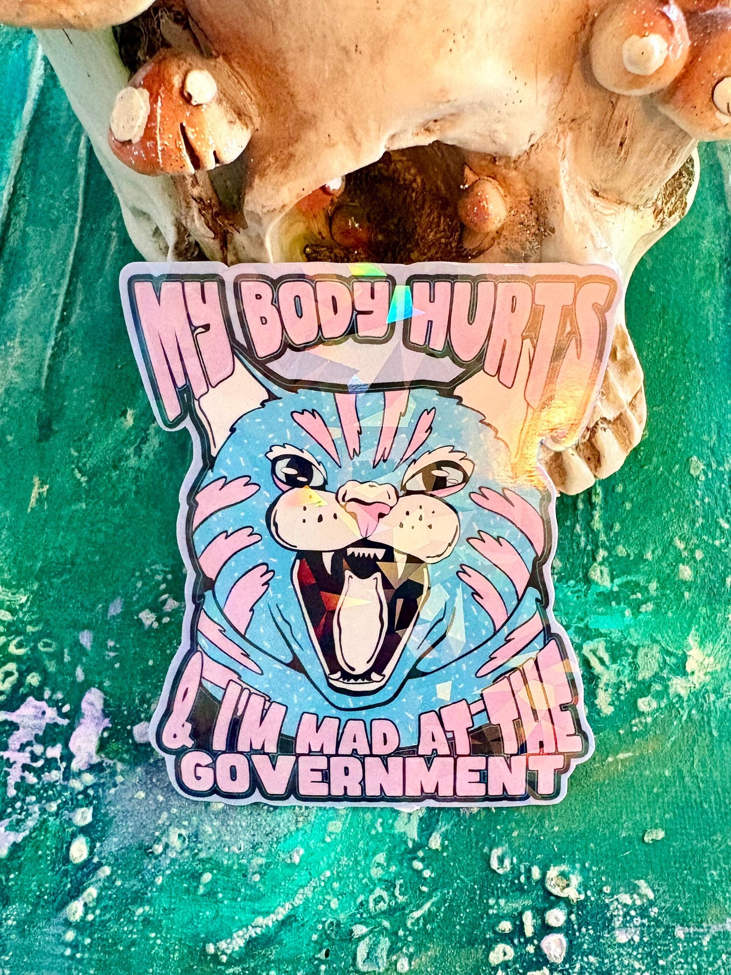 Handmade My Body Hurts and I’m Mad at the Government Sticker - Chronic Pain Cat Sticker | Hollie Day Artist