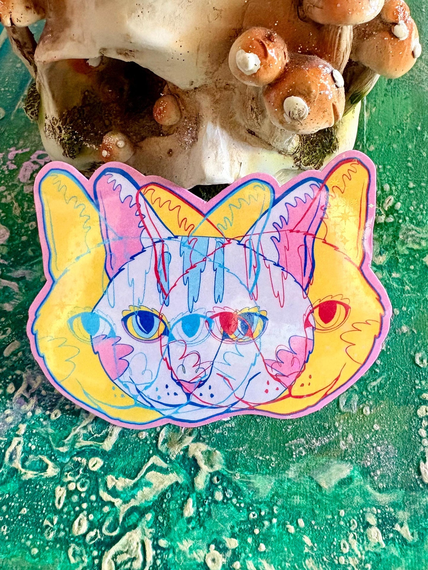 Handmade Sparkly Abstract Cat Sticker: Hand Drawn Cat Decal