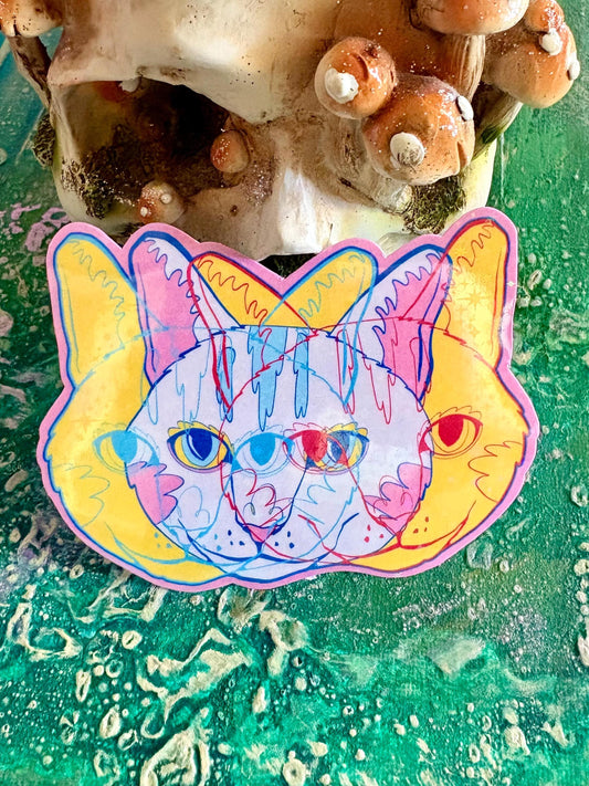 Handmade Sparkly Abstract Cat Sticker: Hand Drawn Cat Decal